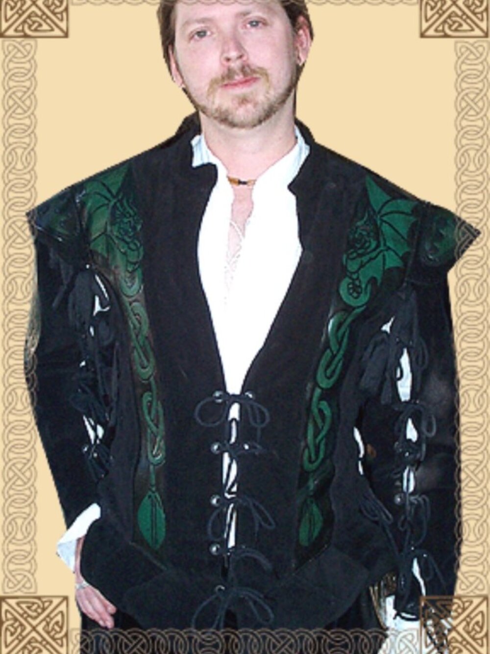 Medieval-Style Black & Green Suede Leather Doublet With Celtic Embossed Design &